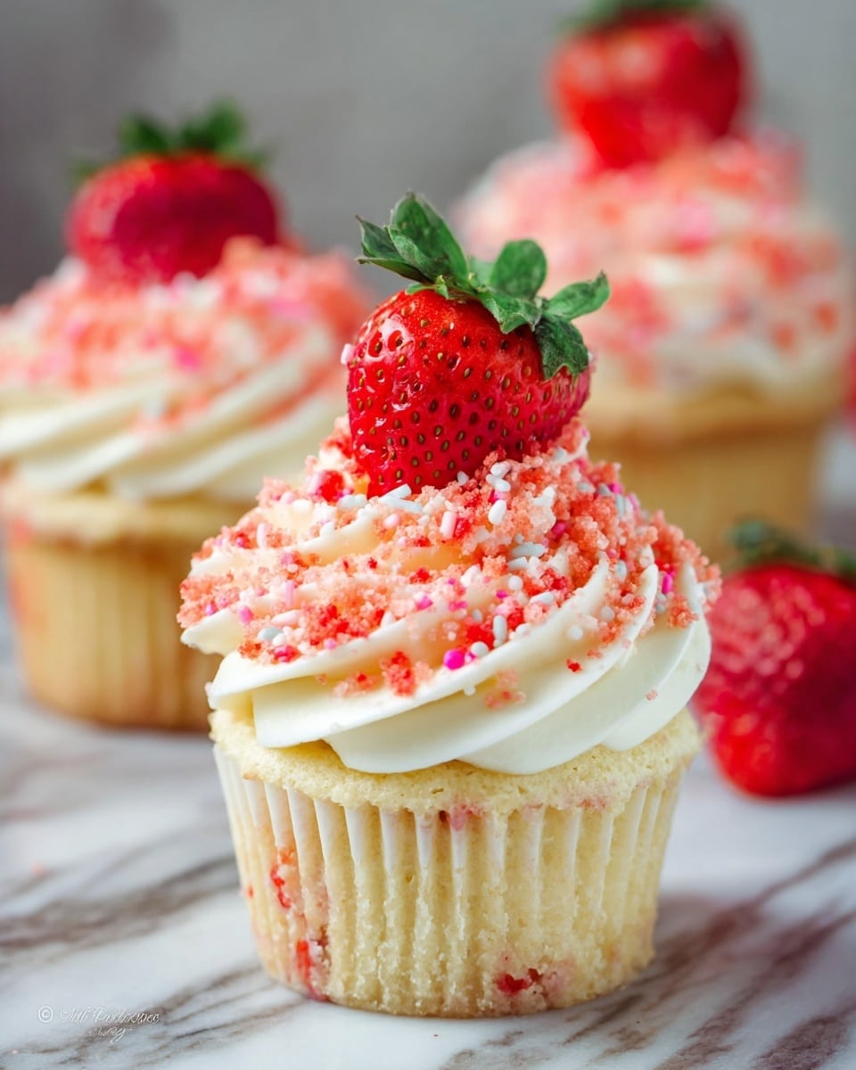 A close-up of a single cupcake with three visible layers: the base layer is a light yellow cake with a soft texture; the middle layer is a thick white cream frosting swirled in a spiral pattern on top of the cake; the top layer is covered in small red and pink crumb sprinkles scattered all around. A single bright red strawberry half with green leaves is placed upright on top. In the background, two more cupcakes are slightly out of focus, showing the same layers and topping. All cupcakes sit on a white marbled surface. photo taken with an iphone --ar 4:5 --v 7