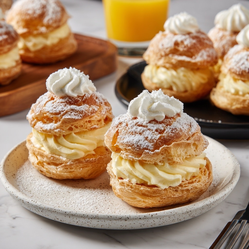 The image shows two plates filled with lemon cream puffs. The first plate in the top half is a white plate with four golden brown, fluffy puff pastries dusted with powdered sugar. Each puff has multiple flaky layers and a swirl of thick, white cream on top, which looks smooth and fluffy. In the background, there is a wooden board with more puffs and a glass filled with bright yellow-orange juice, sitting on a white marbled surface. The second plate in the bottom half is a white plate with five similar puffs, each with several thin, cracked layers, generously filled with pale yellow lemon cream that is softly piled in the center and sprinkled with powdered sugar. The puffs look light and airy, and the scene is set on a white marbled texture. photo taken with an iphone --ar 4:5 --v 7
