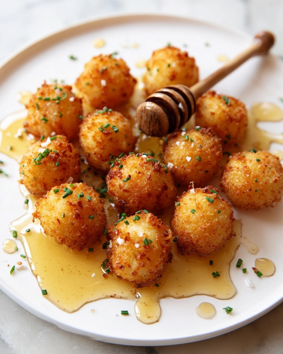 The image shows a white plate with many small, round, golden-brown fried cheese balls arranged in a loose cluster. They have a crispy texture on the outside and are sprinkled lightly with finely chopped green herbs, possibly chives. A wooden honey dipper rests among the cheese balls with honey drizzled over and around them, creating a shiny, sticky layer on the white plate. The background surface is a white marbled texture. photo taken with an iphone --ar 4:5 --v 7
