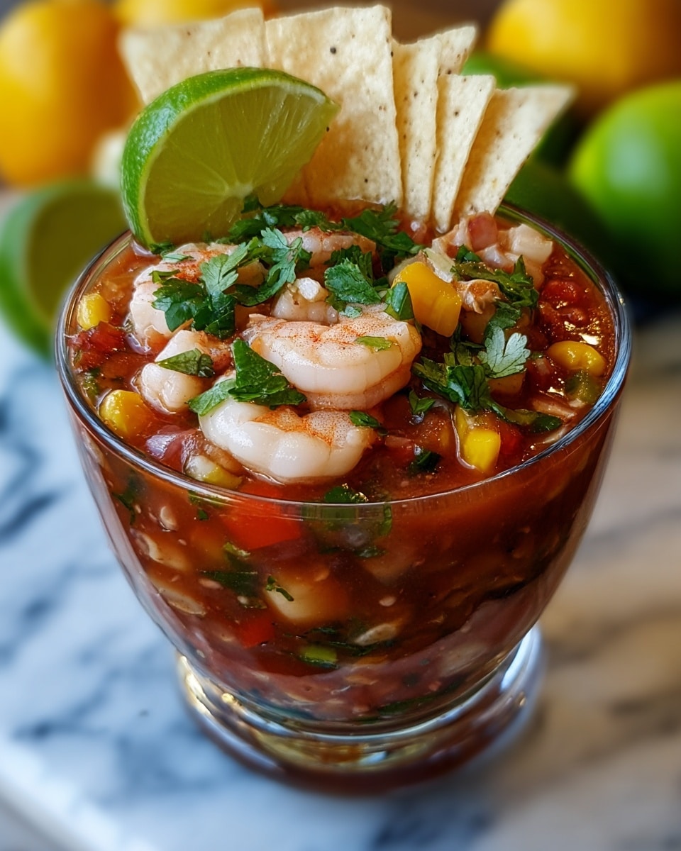 A glass bowl filled with a shrimp cocktail layered with a thick red tomato sauce base mixed with green herbs and diced white onions. Floating on top are pink shrimp, bright yellow corn kernels, red tomato chunks, green avocado pieces, and small green chili slices. On the very top, two fresh lime slices rest with a small bunch of green cilantro leaves in the center. The bowl is placed on a white marbled textured surface. photo taken with an iphone --ar 4:5 --v 7