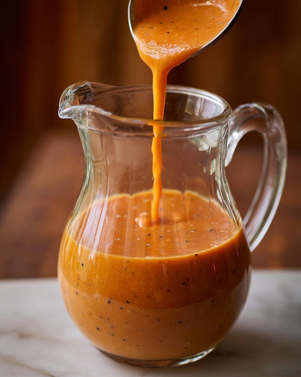 A clear glass bottle filled with thick, bright reddish-orange sauce with a smooth texture and small visible black specks inside, standing upright on a dark wooden surface with a small wedge of green lime in front of it on the left side. In the blurred background are fresh, green leafy vegetables in a dark container, and a dark brown cloth is partially visible to the right. The overall setting is simple and rustic, with the sauce bottle as the main focus. Photo taken with an iphone --ar 4:5 --v 7