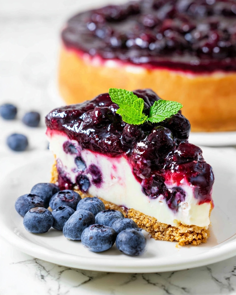 A slice of cheesecake with three clear layers is shown: the bottom layer is a golden crumbly crust, the middle layer is a creamy white cheesecake mixed with visible whole blueberries inside, and the top layer is a thick, shiny purple-blue blueberry topping with large whole blueberries, crowned with a small fresh green mint leaf. Around the slice, several loose blueberries are placed on a white plate, all set on a white marbled surface. In the background, a larger cheesecake with the same layers can be seen slightly blurred. Photo taken with an iphone --ar 4:5 --v 7