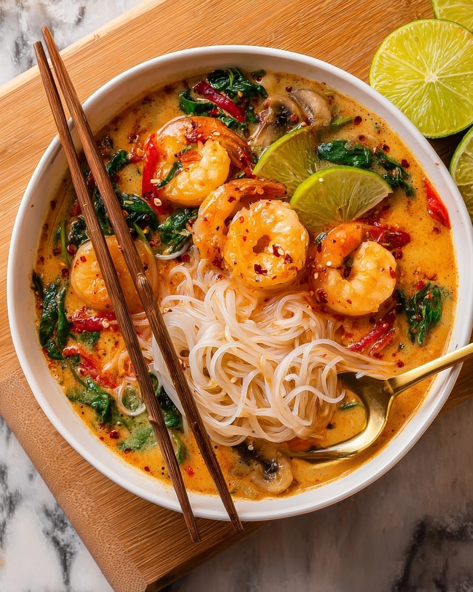 A white bowl filled with three layers: the bottom layer is thin, white rice noodles tangled around a pair of light brown wooden chopsticks; the middle layer is a creamy orange broth with red specks, floating green spinach leaves, dark brown sliced mushrooms, and red bell pepper pieces; on top are three large pink shrimp with red spice flakes and two yellow lime wedges. A gold spoon lies in the bowl, partially covered by the noodles and broth. The bowl sits on a light wooden board over a white marbled surface. photo taken with an iphone --ar 4:5 --v 7