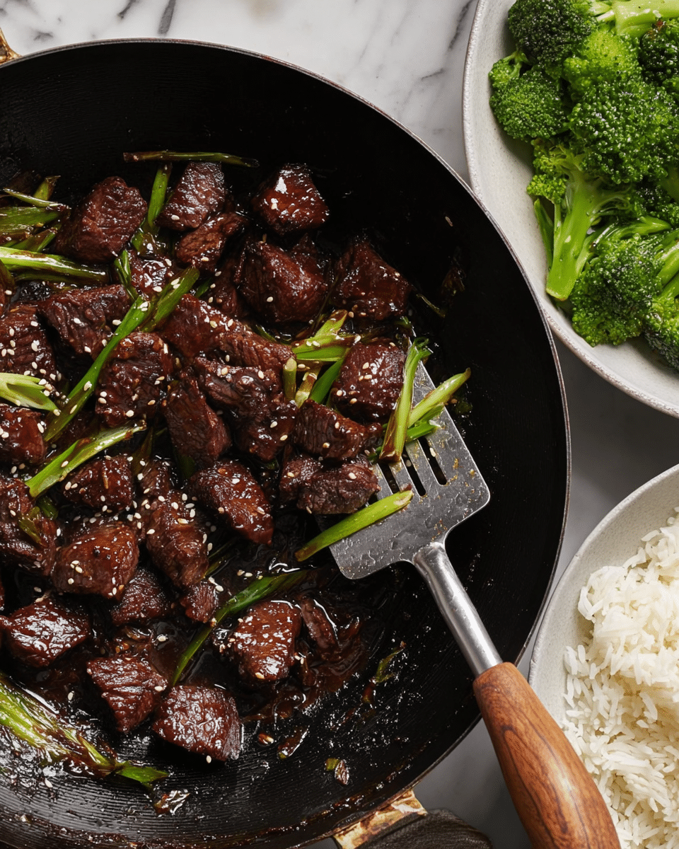 The image shows a close-up of a black wok with glossy, dark brown cooked beef cubes scattered inside, each piece showing a rich, caramelized texture. Bright green cooked spring onion pieces are mixed throughout, adding a fresh color contrast. White sesame seeds are sprinkled on the beef, enhancing the visual detail. A metal slotted spatula with a wooden handle rests inside the wok, lifting some of the beef and onion. To the right, a white bowl filled with bright green cooked broccoli heads and another white bowl containing white steamed rice are partially visible. Everything is set on a white marbled surface. Photo taken with an iphone --ar 4:5 --v 7