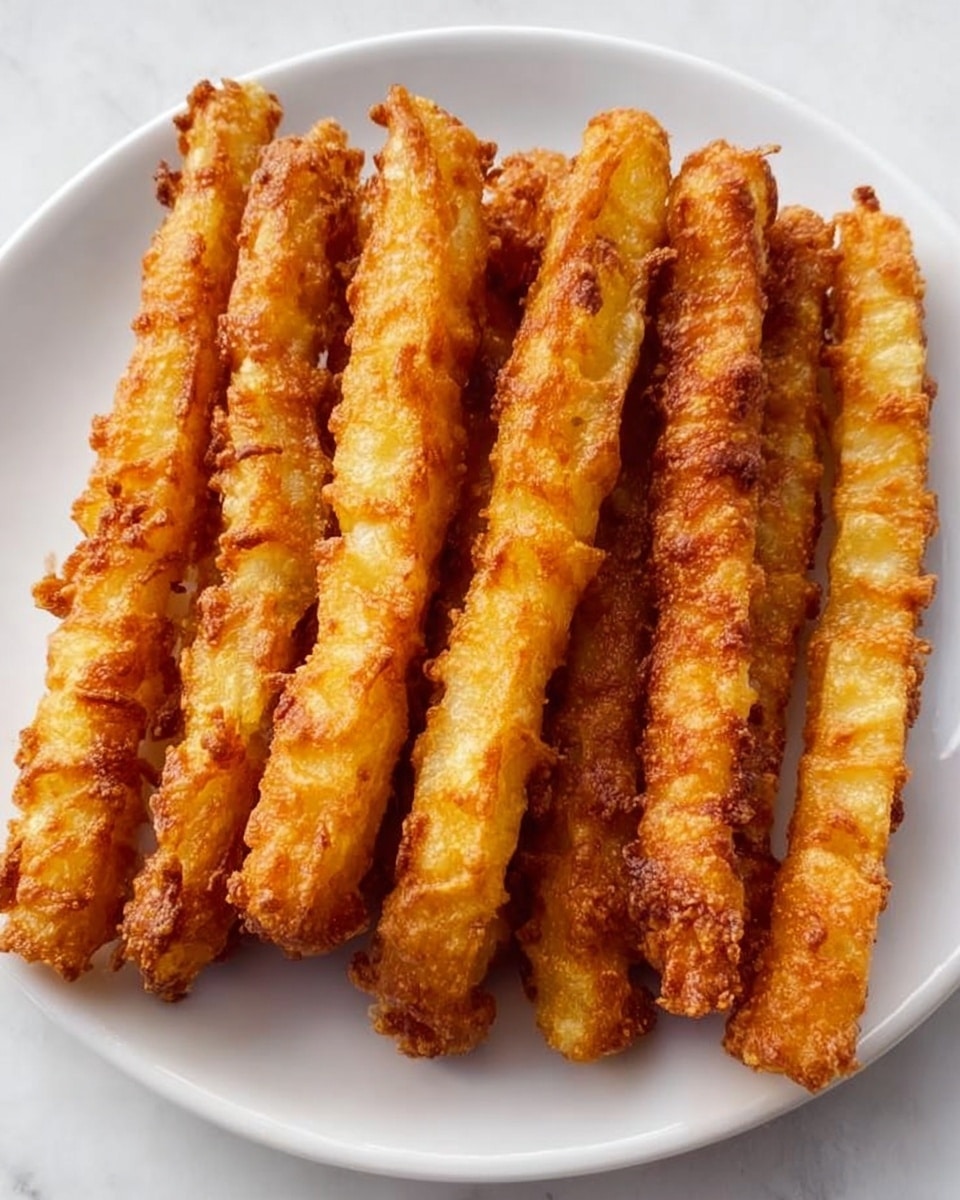 A white plate holds a neat row of eight golden-brown fried sticks, each with a crispy textured coating that looks crunchy and uneven. The sticks are placed close together, showing a warm, inviting color with hints of darker brown where the batter is crispier. The background features a white marbled surface, highlighting the rich colors and crisp details of the fried sticks. photo taken with an iphone --ar 4:5 --v 7