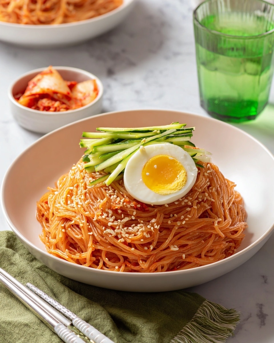 A white bowl holds a neat mound of thin orange-red noodles coated in sauce, sprinkled lightly with white sesame seeds. On top of the noodles sits a small stack of fresh, green cucumber sticks arranged in a square shape, and a half soft-boiled egg with a bright yellow yolk facing up crowns the dish. The bowl is placed on a white marbled surface alongside silver chopsticks, a pale green cloth napkin with frayed edges, and a small white bowl of red kimchi. In the background, there is a second bowl of noodles and a clear green glass with water. photo taken with an iphone --ar 4:5 --v 7