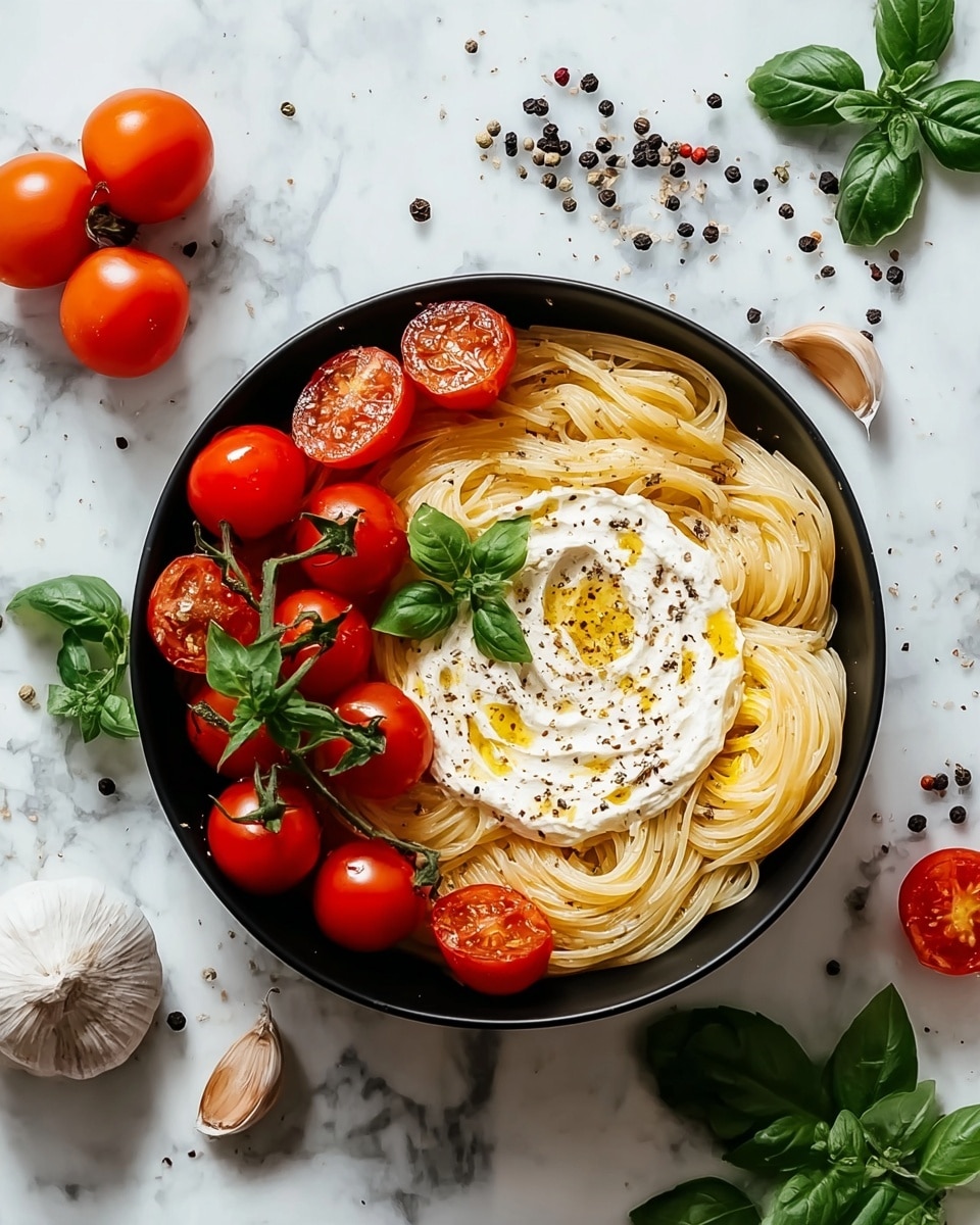 A black pan holds a round pasta dish arranged in a spiral shape with light yellow pasta strands forming the outer layer. Inside, there is a ring of halved, roasted red cherry tomatoes sitting on the pasta. The center is filled with a creamy white cheese, drizzled with orange oil and sprinkled with black pepper. A fresh green basil leaf sits on top of the cheese, and small torn basil pieces are scattered around the tomatoes. The pan is placed on a white marble surface with loose basil leaves, black peppercorns, garlic cloves, a bunch of red tomatoes on the vine, and a gray cloth nearby. photo taken with an iphone --ar 4:5 --v 7
