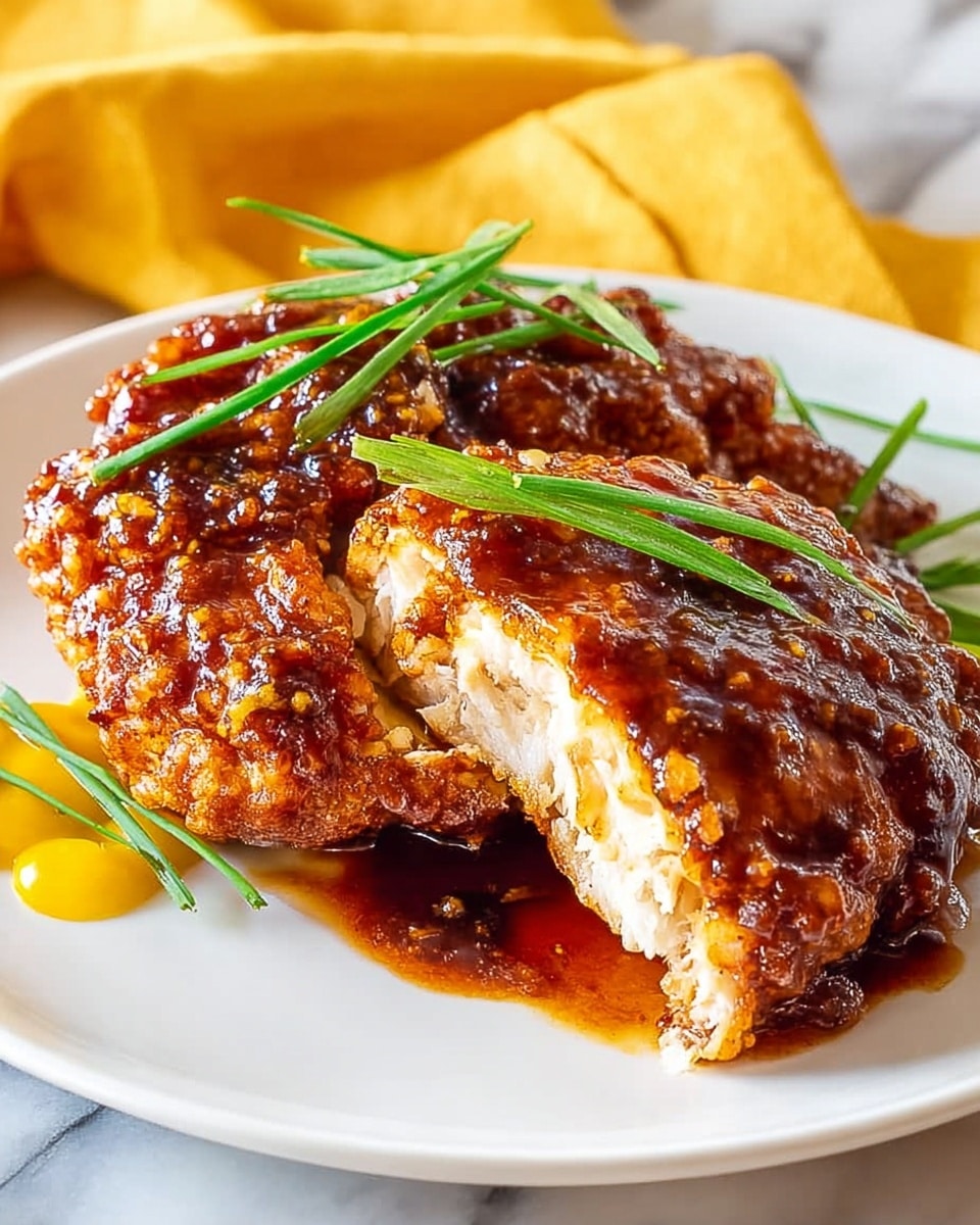 The image shows two pieces of fried chicken covered in a thick shiny orange sauce with visible garlic and spice bits, stacked side by side on a square white plate. On top of the chicken pieces, there are green chive stems arranged diagonally for garnish. To the right edge of the plate, a small wedge of bright yellow lemon is placed. The plate sits on a soft white marbled surface with a yellow folded cloth napkin partially visible at the bottom. Photo taken with an iphone --ar 4:5 --v 7