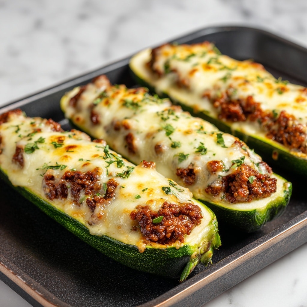 The image shows three zucchini boats on a dark baking tray, each cut lengthwise into two halves with the green skin outer layer forming a shell. Inside each boat, there is a thick yellowish layer of cheese melted over a brown, crumbly ground meat mixture. The cheese is gooey with some browned spots, and the meat topping is generously spread with visible herbs sprinkled on top, adding small green flecks across each boat. The texture of the zucchini is tender with slight char marks near the edges. The close-up photo highlights the details of the melted cheese and savory meat filling. Photo taken with an iphone --ar 4:5 --v 7