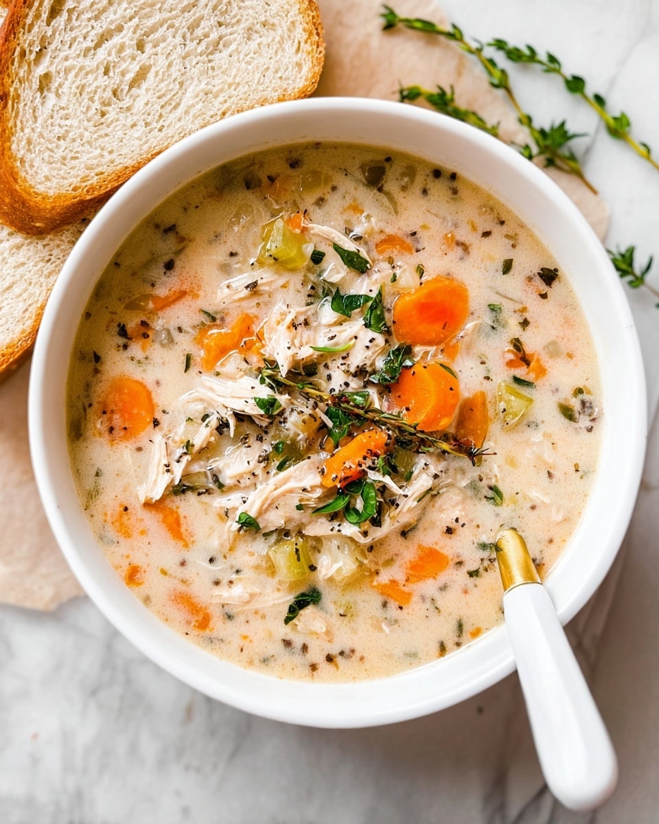 A close-up view of a white bowl filled with creamy soup that has visible pieces of orange carrots, green celery, shredded white chicken, and grains of rice or barley. The soup has a thick texture with a light beige color and scattered herbs on top. A gold and white spoon is held above the bowl, showing a scoop of the soup with a large carrot piece, chicken shreds, and bits of celery. The background is a white marbled surface with a piece of sliced bread and some green herbs blurred behind the bowl. Photo taken with an iphone --ar 4:5 --v 7