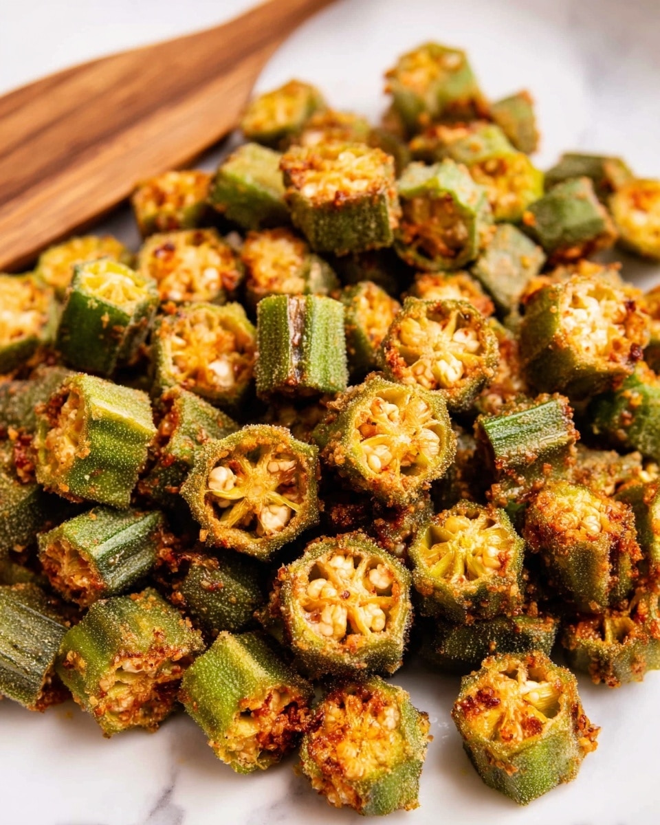 The image shows many small, round slices of fried okra piled on a white plate. Each slice has a green outer skin with a rough texture and a bright, slightly crispy orange-brown center where seeds are visible. The pieces are irregular in size and shape, giving a crunchy look with some spices clinging to the edges. A wooden spatula is partially seen in the background, resting on the white marbled surface. The close-up shot highlights the crunchy texture and golden fried color of the okra. photo taken with an iphone --ar 4:5 --v 7