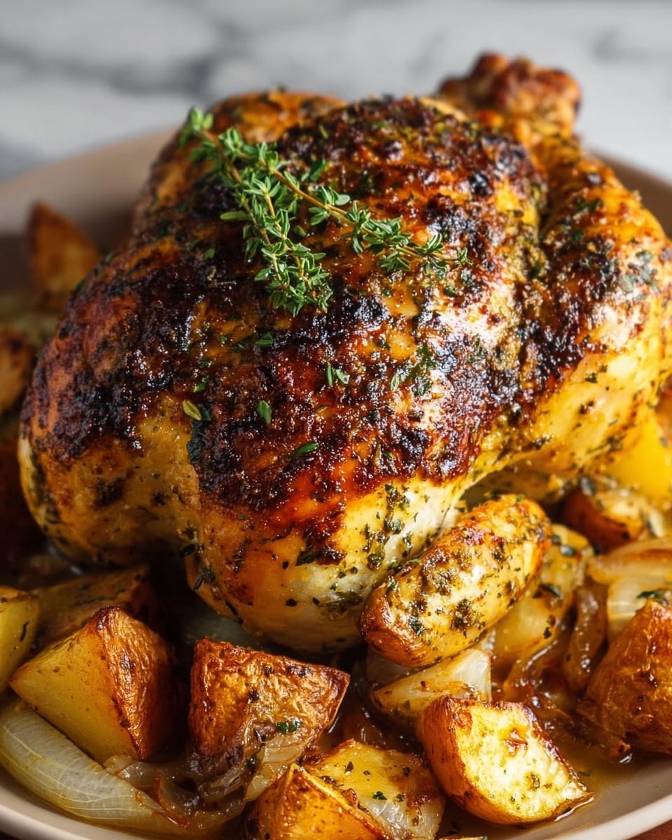 A roasted whole chicken with a golden-brown, crispy skin covered in herbs sits on top of a layer of roasted potato wedges that are golden and slightly caramelized. The chicken is garnished with a few sprigs of fresh green rosemary placed on top. The dish is presented in a white rectangular baking dish, set against a white marbled textured surface. photo taken with an iphone --ar 4:5 --v 7