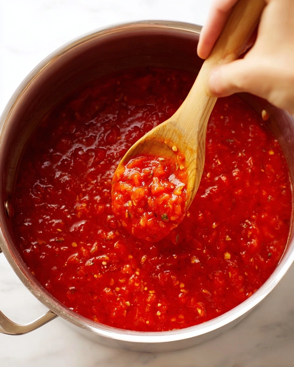 A metal pot filled with thick, bright red tomato sauce speckled with small black herbs and chunks of tomato, showing a slightly shiny, textured surface. The pot is placed on a white marbled texture, with the metal handles faintly visible. The sauce looks rich and hearty, covering the bottom and filling the pot to the top edges. photo taken with an iphone --ar 4:5 --v 7