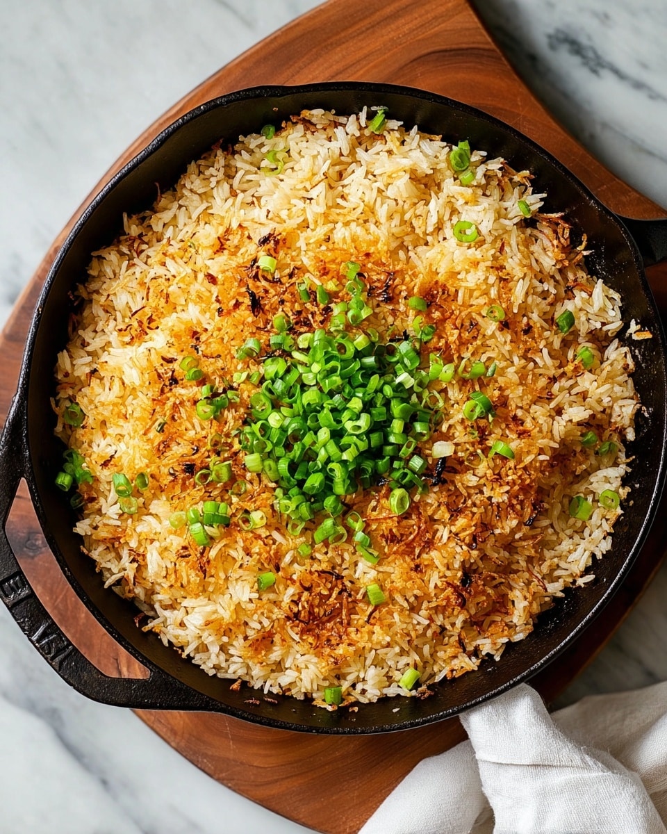 A black cast iron pan filled with one thick layer of golden brown, crispy fried rice that has a mix of white and light golden grains. The edges and some spots on the top have a darker crispy texture. In the center, there is a small pile of bright green chopped scallions, which add a fresh contrast to the roasted rice. The pan is placed on a wooden board set against a white marbled background, and a white cloth is partly visible at the bottom right corner. Photo taken with an iphone --ar 4:5 --v 7