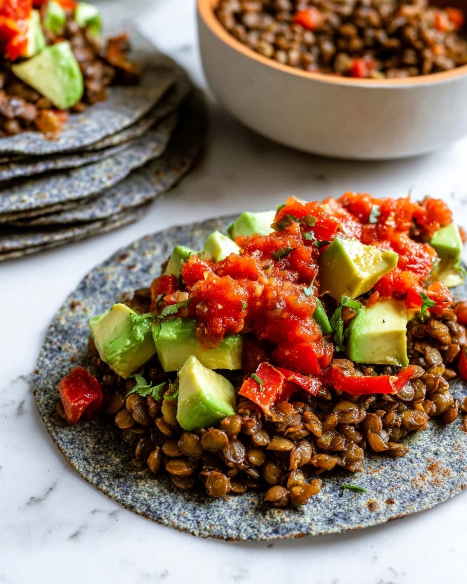 A single blue corn tortilla sits flat on a white marbled surface, layered with shredded light green lettuce on the bottom right side, followed by a thick spread of brown cooked lentils mixed with small pieces of red bell pepper taking up the left half of the tortilla. On top of the lentils and lettuce, there are chunks of bright green avocado and diced red tomatoes scattered across the middle. A bright red salsa is drizzled unevenly over the avocado and lentils, adding a glossy texture. In the background, there is a white bowl filled with more cooked lentils with a silver spoon inside. Photo taken with an iphone --ar 4:5 --v 7