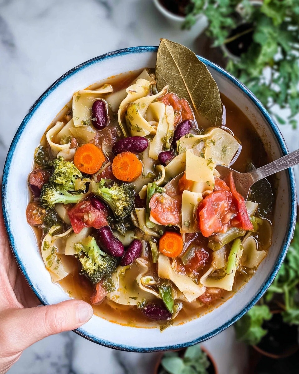The image shows a bowl of vegetable soup in a white bowl with a blue rim placed on a white marbled surface. The soup has several colorful layers: sliced bright orange carrots arranged on one side, chunky green broccoli florets and diced celery pieces scattered throughout, and pieces of textured red kidney beans spread on top. There are also wide, tube-shaped pasta pieces with a pale yellow color mixed with the vegetables in the light, slightly orange broth. The broth looks thick and slightly creamy, pooling at the bottom and around the ingredients. The inside of the bowl is speckled pale blue and white, adding a soft contrast to the vibrant colors of the soup. photo taken with an iphone --ar 4:5 --v 7