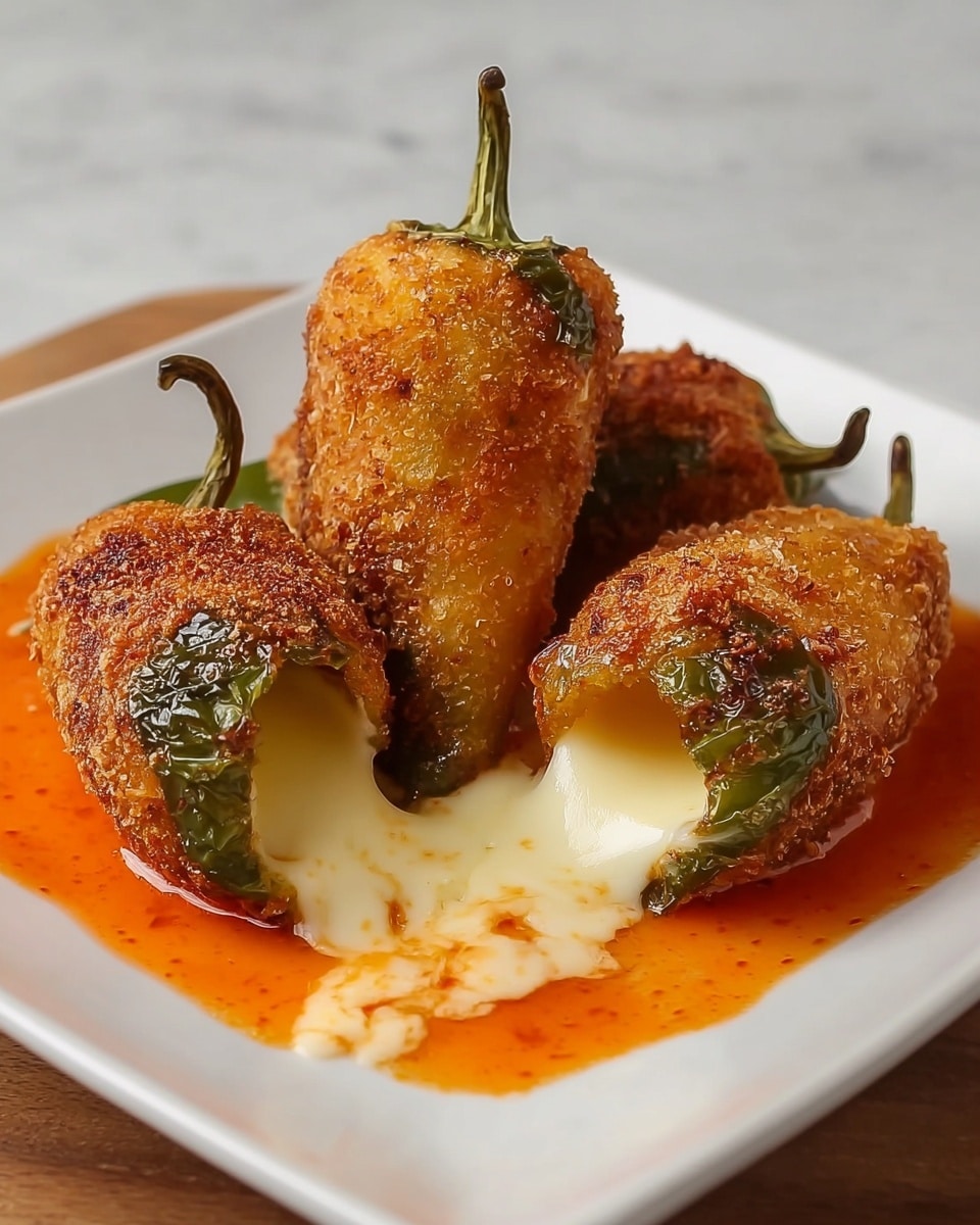 The image shows three deep-fried green peppers placed on a white square plate, each covered in a crunchy, golden-brown breaded layer. One of the peppers is broken open, revealing a gooey, melted white cheese filling that is oozing out onto the plate. The peppers have green stems at one end. They sit on a smooth, bright reddish-orange sauce that partially pools around them. The plate is set on a white marbled surface. photo taken with an iphone --ar 4:5 --v 7