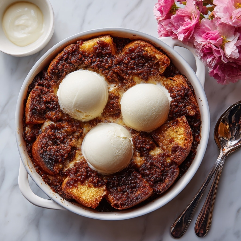 A round white enamel pan filled with a baked dish made of thick bread slices layered and covered with a dark, crumbly cinnamon topping spread unevenly across the top, giving a rich, textured look. Most bread slices have a golden-brown crust with some edges darker and caramelized, adding a charred contrast. In the center, three dollops of smooth, white cream sit on top, slightly melting into the warm bread beneath. The pan is placed on a white marbled surface, with soft pink flowers visible near the top right edge and a white bowl filled with extra cream and a spoon below the pan. photo taken with an iphone --ar 4:5 --v 7