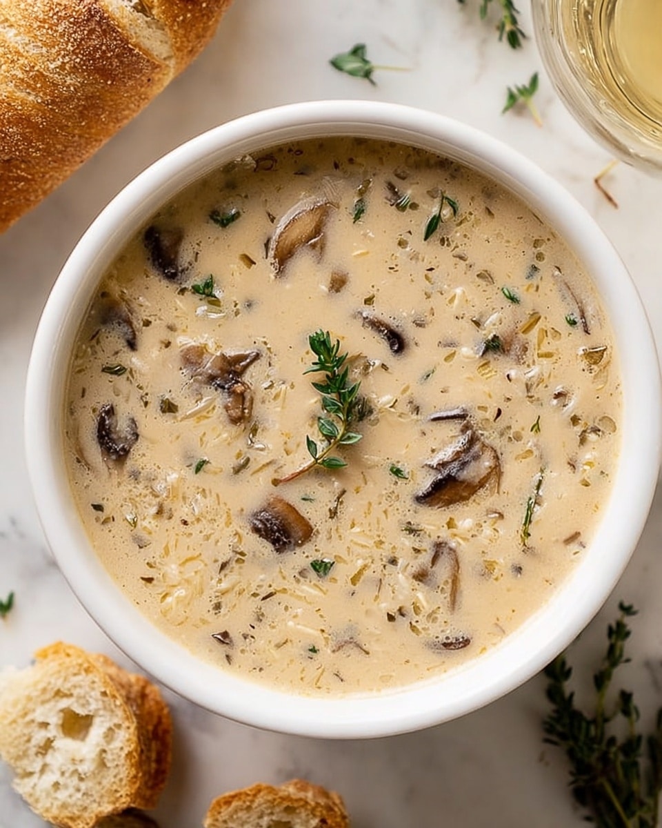 A creamy soup in a white bowl filled with a light beige liquid, showing visible chunks of sliced brown mushrooms and small pieces of white potatoes or vegetables mixed throughout. The surface is garnished with a few small green herb leaves scattered on top. The bowl is placed on a white marbled texture with pieces of torn bread and some sprigs of fresh herbs nearby, along with a transparent glass of light yellow liquid partially visible on the side. photo taken with an iphone --ar 4:5 --v 7