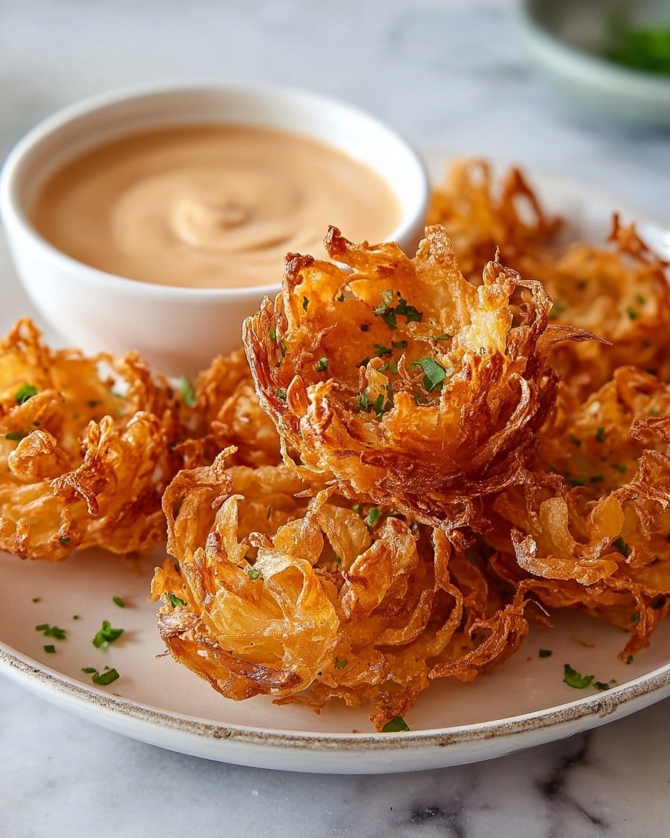 A white plate holds around ten golden-brown fried onion rings with crispy, curly edges and inner layers showing soft, translucent onion texture. Small green chives are scattered over the onion rings, adding a touch of color. At the back of the plate, a small white bowl filled with creamy, burnt orange dipping sauce is placed. The whole setting is on a white marbled surface. photo taken with an iphone --ar 4:5 --v 7