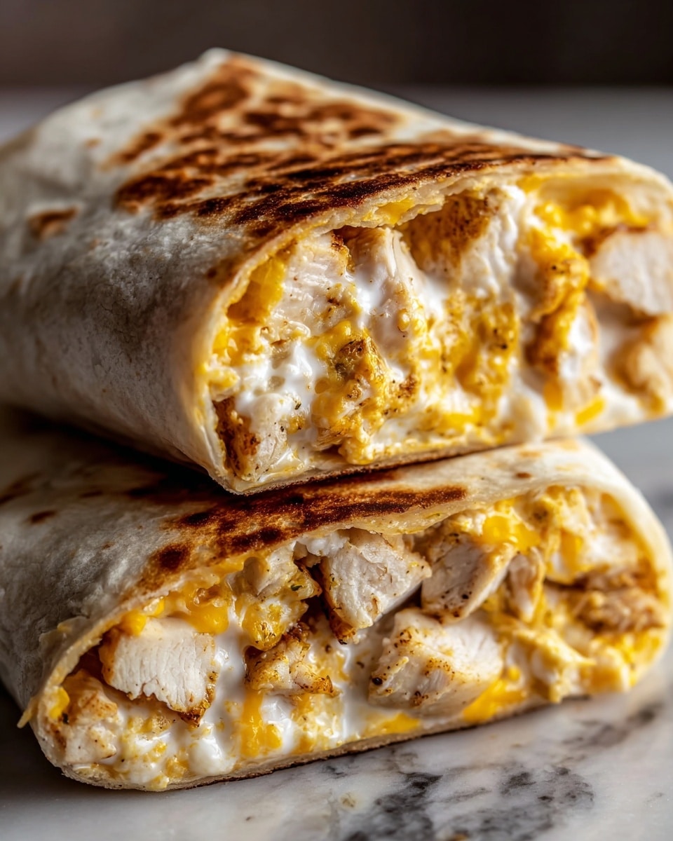 A close-up image shows a burrito cut in half, stacked one on top of the other, on a white marbled surface. The burrito's outer layer is a grilled, light brown tortilla with char marks. Inside, the filling has two main layers: the top layer is melted, gooey yellow and white cheese stretching slightly between the halves, and the bottom layer has tender, seasoned, golden-brown pieces of chicken with visible black pepper flakes and a juicy texture. The composition highlights the soft, warm filling and the crispy tortilla edges. Photo taken with an iphone --ar 4:5 --v 7