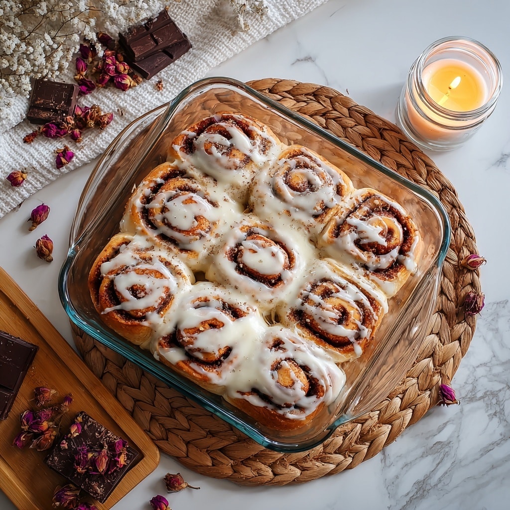 A square glass dish filled with nine cinnamon rolls arranged in a 3 by 3 grid, each roll showing visible swirls of cinnamon filling in light brown dough, topped with thick, creamy white icing that slightly drips down the sides. The dish is placed on a round woven placemat with green leaves around it on top of a white marbled surface. To the right side of the dish is a lit cream-colored candle, and behind the dish is a wooden board with scattered pieces of dark chocolate and dried rose petals, along with a bunch of pink and cream roses in the background. The lighting is warm and cozy. photo taken with an iphone --ar 4:5 --v 7