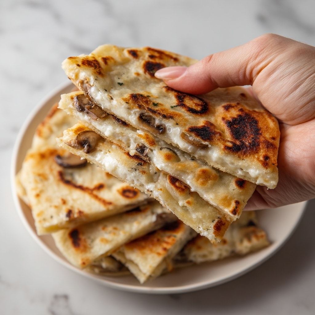 A close-up image shows a woman's hand holding a half-folded stuffed flatbread. The flatbread has a light golden color with dark brown grilled spots on its soft, slightly puffy surface. Inside, the filling reveals melted white cheese mixed with light brown mushrooms and a thin layer of orange sauce. In the background, several folded flatbreads with similar grill marks are stacked on a white plate, all set against a white marbled surface. photo taken with an iphone --ar 4:5 --v 7