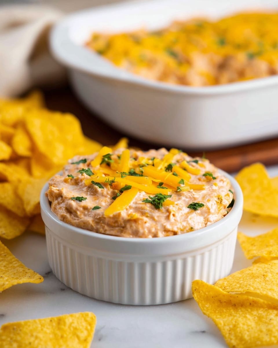 A small white fluted bowl filled with a thick, creamy dip that is light orange in color and has a slightly chunky texture, topped with thin shreds of bright yellow cheese and small green herb pieces scattered on the surface. Around the bowl, there are broken pieces of golden yellow tortilla chips resting on a white marbled texture. In the background, a larger white baking dish contains a similar orange dip topped with shredded cheese and herbs, slightly out of focus to emphasize the small bowl in front. photo taken with an iphone --ar 4:5 --v 7