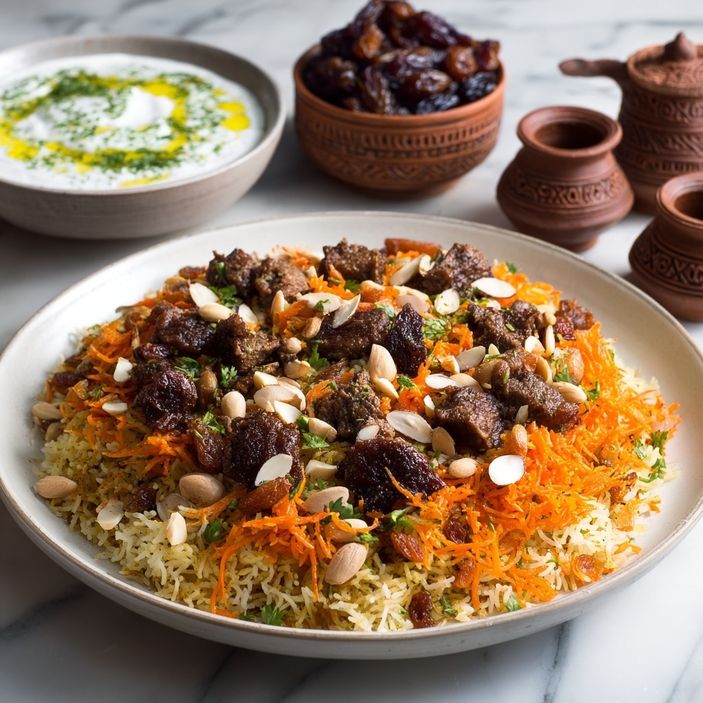 A round white plate holds a layered dish starting with a base of long-grain rice mixed with dark raisins, giving a speckled look of light brown and dark purple. On top of the rice are bright orange shredded carrots scattered evenly. Sitting above the carrots are large pieces of browned meat with bone, showing a glossy, rich brown color and a slightly crispy texture. Light beige whole almonds are spread over the dish, adding small bright spots. In the background, there is a white bowl with a creamy white sauce, drizzled with a green herb oil and yellow oil. The surface beneath is a white marbled texture. photo taken with an iphone --ar 4:5 --v 7