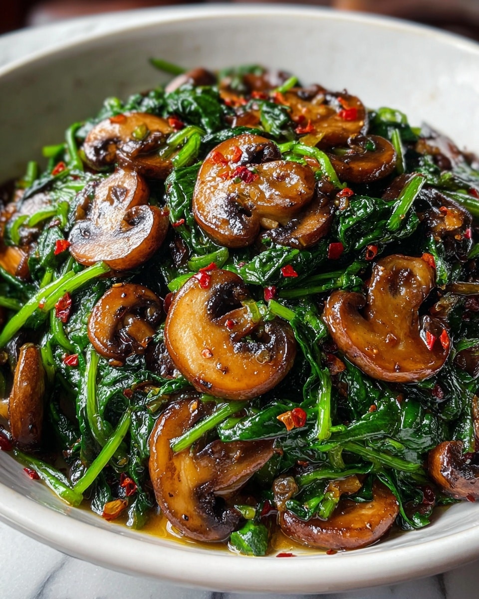 A white bowl filled with a mix of sautéed mushrooms and spinach. The dish shows about two layers: the bottom is made of dark green, wilted spinach leaves with stems, while the top layer is glossy, golden-brown mushroom slices cooked to a shiny finish with some red chili flakes scattered throughout. The colors are rich, with the mushrooms showing shades of brown and the spinach a deep green, all coated lightly in a shiny sauce. The bowl is placed on a white marbled surface. photo taken with an iphone --ar 4:5 --v 7