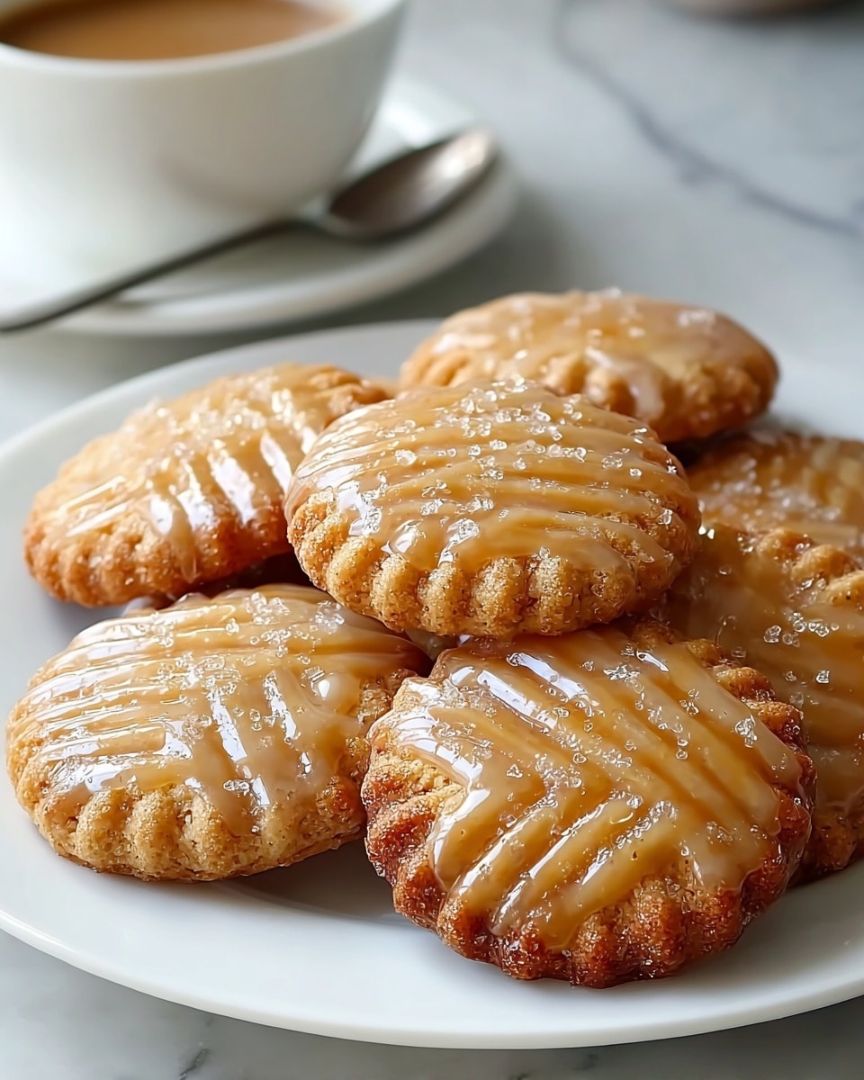 The image shows a white plate filled with round cookies arranged in a slightly overlapping pattern. Each cookie has a light golden brown color with a textured surface featuring a ribbed border and parallel ridges in the center. A shiny glaze covers the top, giving the cookies a glossy look, and some crystals of coarse sugar are sprinkled on them, adding sparkle. The background is a white marbled surface with a blurred cup and saucer in soft focus. photo taken with an iphone --ar 4:5 --v 7