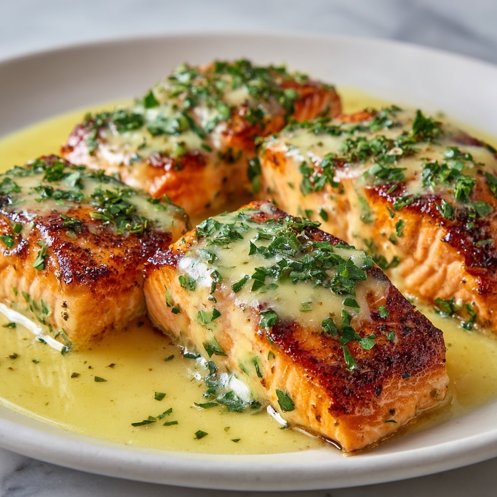 The image shows four pieces of cooked salmon fillets placed close together in a white dish with a white marbled texture underneath. Each fillet has three layers: a base layer of orange-pink salmon with grilled brown spots and texture of cooked fish, a thick middle layer of creamy light yellow sauce covering the tops, and a topping of bright green chopped herbs sprinkled on the sauce. The sauce pools slightly around the fillets, adding a glossy look. The close-up view focuses on the fillets in the front while others slightly blur in the background. photo taken with an iphone --ar 4:5 --v 7