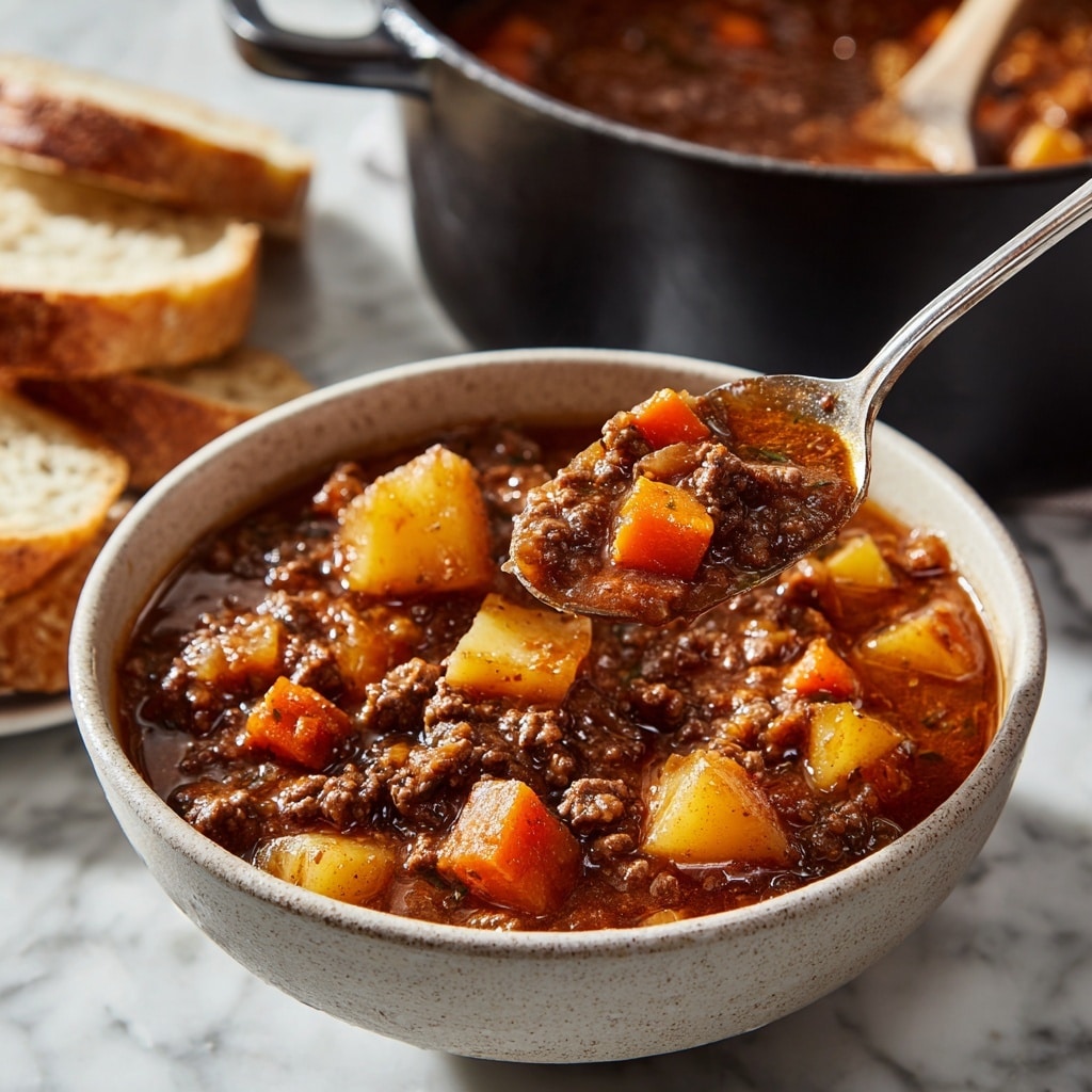 The image shows a large bowl filled with thick beef stew, with visible chunks of brown beef, orange carrots, and yellow potatoes in a rich red-brown sauce, the bowl has a detailed carved pattern and is placed on a wooden surface with some green herbs scattered around. Behind it, there is a large pot also filled with stew in similar colors, slightly out of focus. To the right of the bowl, there are slices of light brown crusty bread stacked on a wooden board and a couple of slices resting directly on the wooden surface. The overall setting is warm and rustic, with the food looking hearty and homemade. photo taken with an iphone --ar 4:5 --v 7