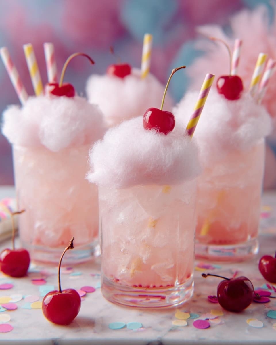 Four clear glasses filled with a light pink drink and crushed ice. Each glass has a top layer of white fluffy cotton candy and a red cherry placed on the cotton candy. The glasses are set on a white marbled surface sprinkled with colorful confetti. Some fresh cherries with stems are scattered around, and colorful straws are also visible next to the glasses. The background has soft pastel colors, adding to the festive feel. photo taken with an iphone --ar 4:5 --v 7