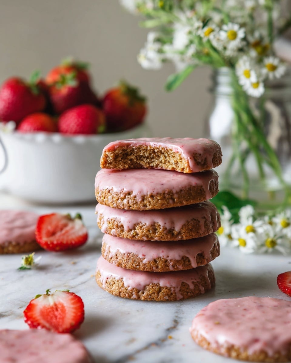 A stack of five round cookies with scalloped edges sits on a white marbled surface. Each cookie has a light brown base with visible small dark specks and is topped with a shiny pink glaze that drips slightly down the sides. The top cookie has a bite taken out of it, revealing a crumbly texture inside. Around the stack, there are halved and whole fresh strawberries and a white bowl filled with more strawberries in the blurred background. Photo taken with an iphone --ar 4:5 --v 7