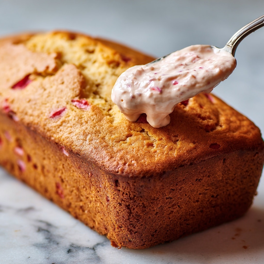 A close-up of a golden brown loaf cake with a slightly cracked and textured top layer, showing small bits of red fruit inside. A silver spoon holds a creamy, pale pink mixture with visible red fruit pieces, hovering just above the cake as if about to spread it. The cake rests on a white marbled surface. The lighting highlights the moist texture and warmth of the loaf. photo taken with an iphone --ar 4:5 --v 7