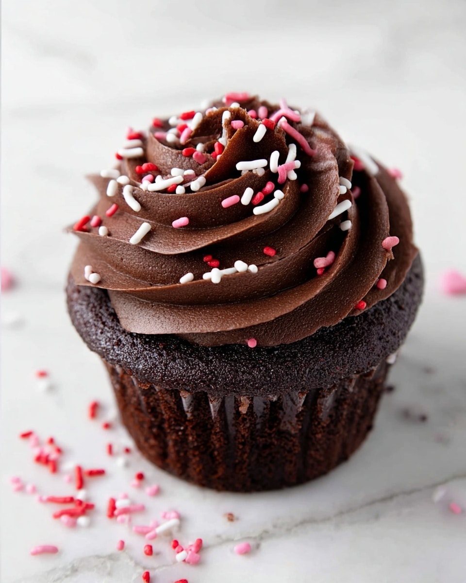 A single chocolate cupcake sits on a white marbled surface, showing one dark chocolate cake layer topped with a thick swirl of rich, dark chocolate frosting. Sprinkles in red, pink, and white colors are scattered over the frosting and a few more lie around the cupcake on the surface. The frosting has a smooth, creamy texture with softly curved peaks. Photo taken with an iphone --ar 4:5 --v 7