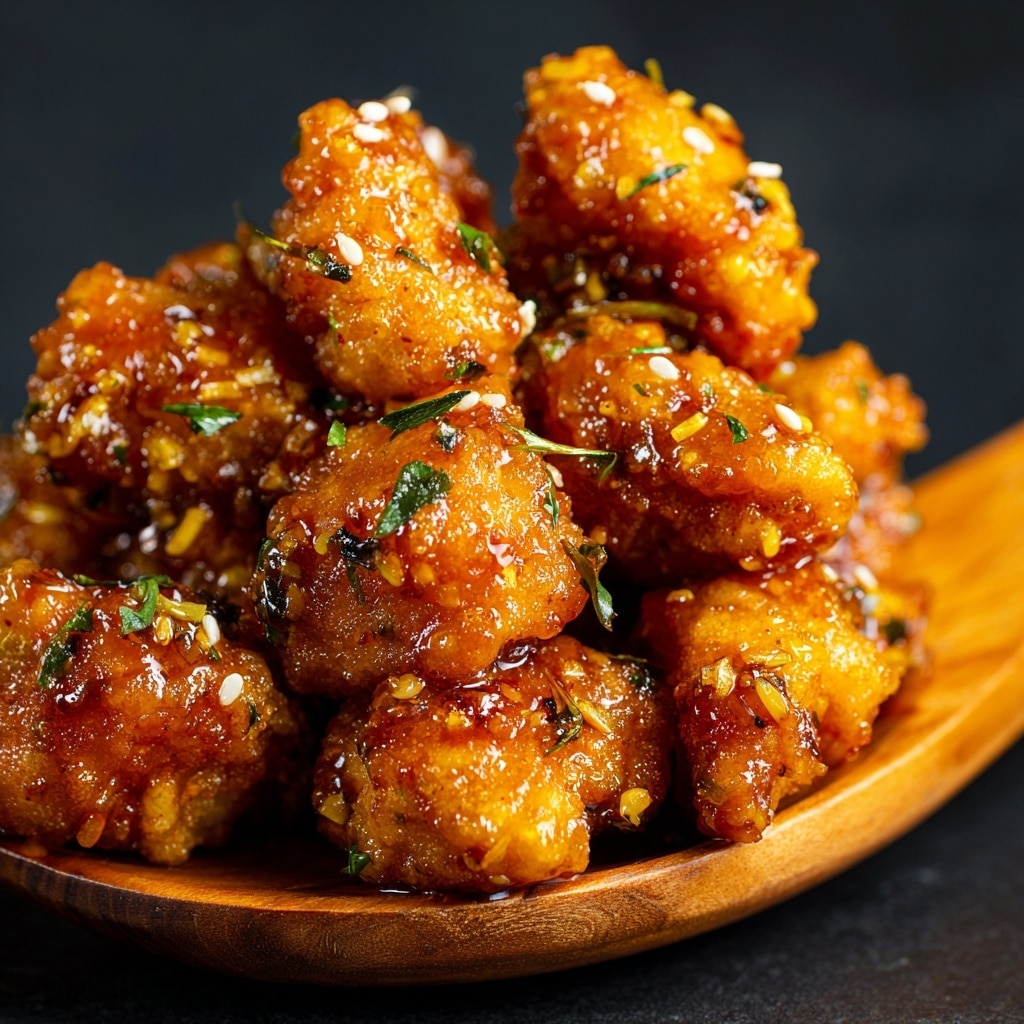 A white bowl filled with two main layers is shown on a white marbled texture. The bottom layer is yellow fried rice mixed with small pieces of green peas, orange carrots, and red bell peppers giving it a colorful and textured look. On top, there is a thick pile of glossy, dark brown pieces of fried chicken coated in a sticky sauce. The chicken is sprinkled generously with white sesame seeds and thin strips of green onion, adding some contrast and freshness to the dish. Photo taken with an iphone --ar 4:5 --v 7