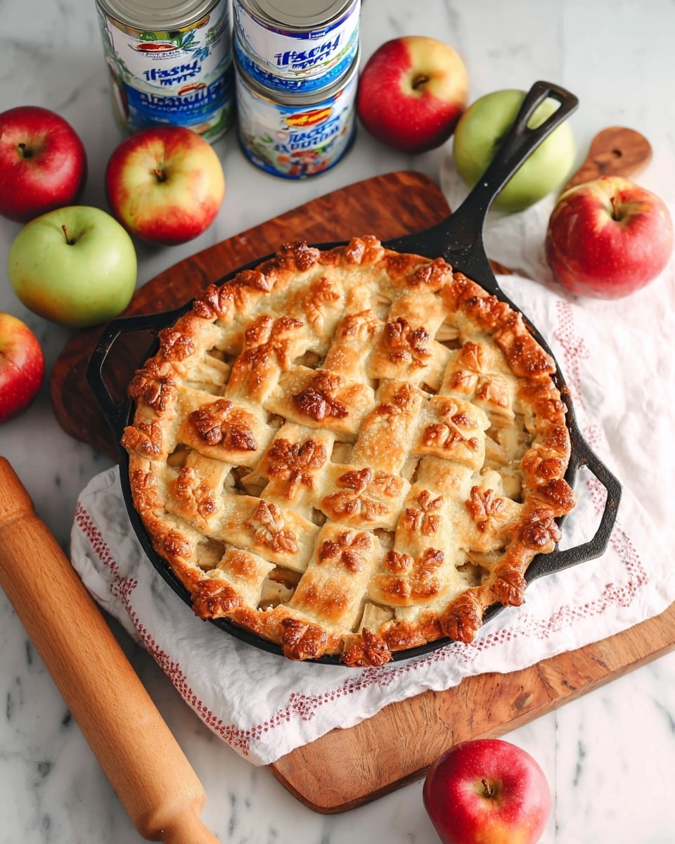 A golden-brown lattice apple pie sits in a black cast iron pan on top of a white cloth with red stitching, which is placed on a wooden cutting board. The pie has a shiny crust with small leaf-shaped dough decorations around the edges and between the lattice strips. Surrounding the pie, there are five apples of red and green color, two cans of sweetened condensed milk with blue labels, and a wooden rolling pin on a white marbled surface. Photo taken with an iphone --ar 4:5 --v 7