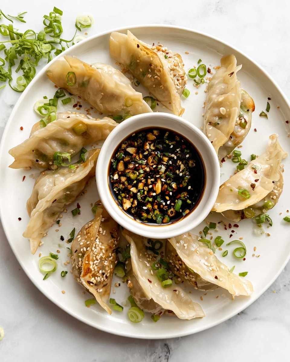 On a white plate with a white marbled background, there are eight dumplings arranged in a circular pattern. The dumplings have a light brown, slightly shiny outer skin with some pleated edges and a soft texture. Each dumpling is topped with small, thin slices of green onion and a few white sesame seeds. Near the center of the plate, slightly to the side, there is a small white bowl filled with dark soy dipping sauce mixed with finely chopped garlic, green herbs, and small bits of chili. The overall scene looks bright and fresh, with a woman’s hand reaching towards one dumpling. Photo taken with an iphone --ar 4:5 --v 7