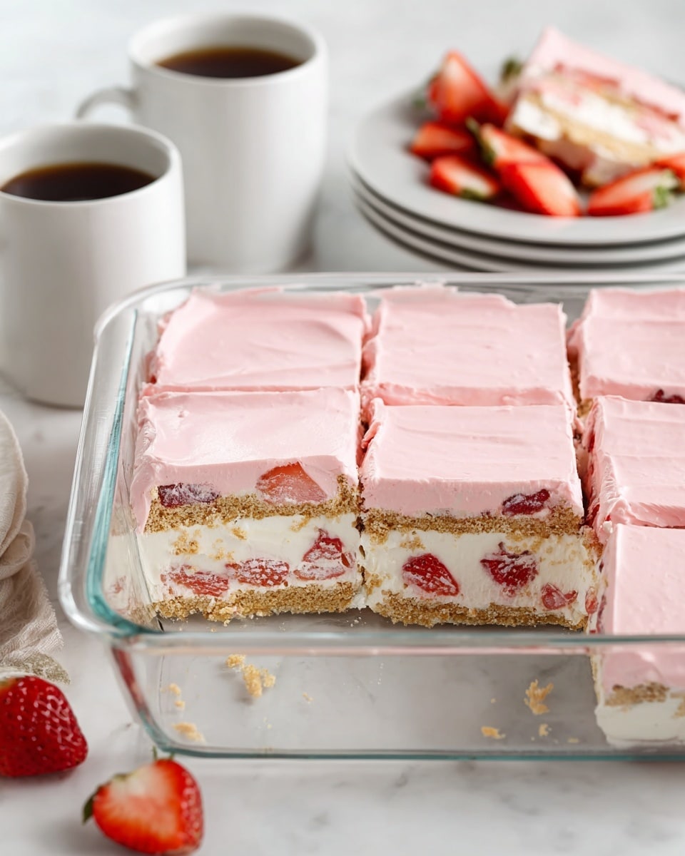 A dessert square with three layers is shown on a white plate over a white marbled texture. The bottom and middle layers are made of light tan cookie or wafer with visible crumb texture. Between these layers and on top of the middle layer, thick white creamy filling is spread generously, seen oozing slightly out of the sides. Inside the creamy layer, slices of red strawberries are embedded, adding spots of bright red and textured fruit shape. The top layer is a smooth, pastel pink frosting covering the entire surface, with soft swirled texture from spreading. In the background, white bowls filled with red strawberries are softly blurred. Photo taken with an iphone --ar 4:5 --v 7