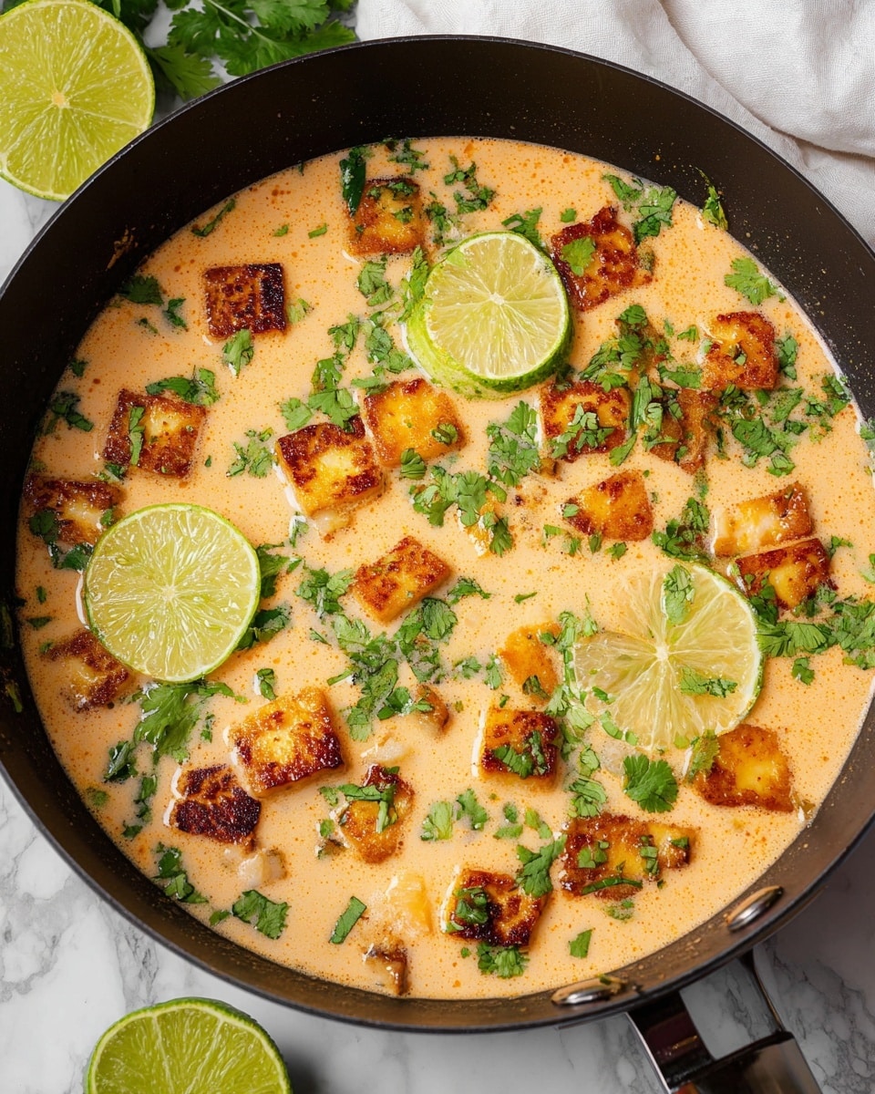 The dish is served in a white bowl with a scoop of white rice on one side, garnished lightly with chopped green cilantro. Surrounding the rice is a creamy light beige sauce with small, golden-brown, grilled cheese cubes scattered throughout. Thin slices of bright green lime rest on top of the sauce and cheese, with fresh cilantro leaves adding a vibrant green color on multiple spots. A silver spoon with a rustic look is partially dipped into the bowl, lifting a cheese cube covered in sauce. The background shows a white marbled texture with additional ingredients like lime halves and fresh cilantro. photo taken with an iphone --ar 4:5 --v 7