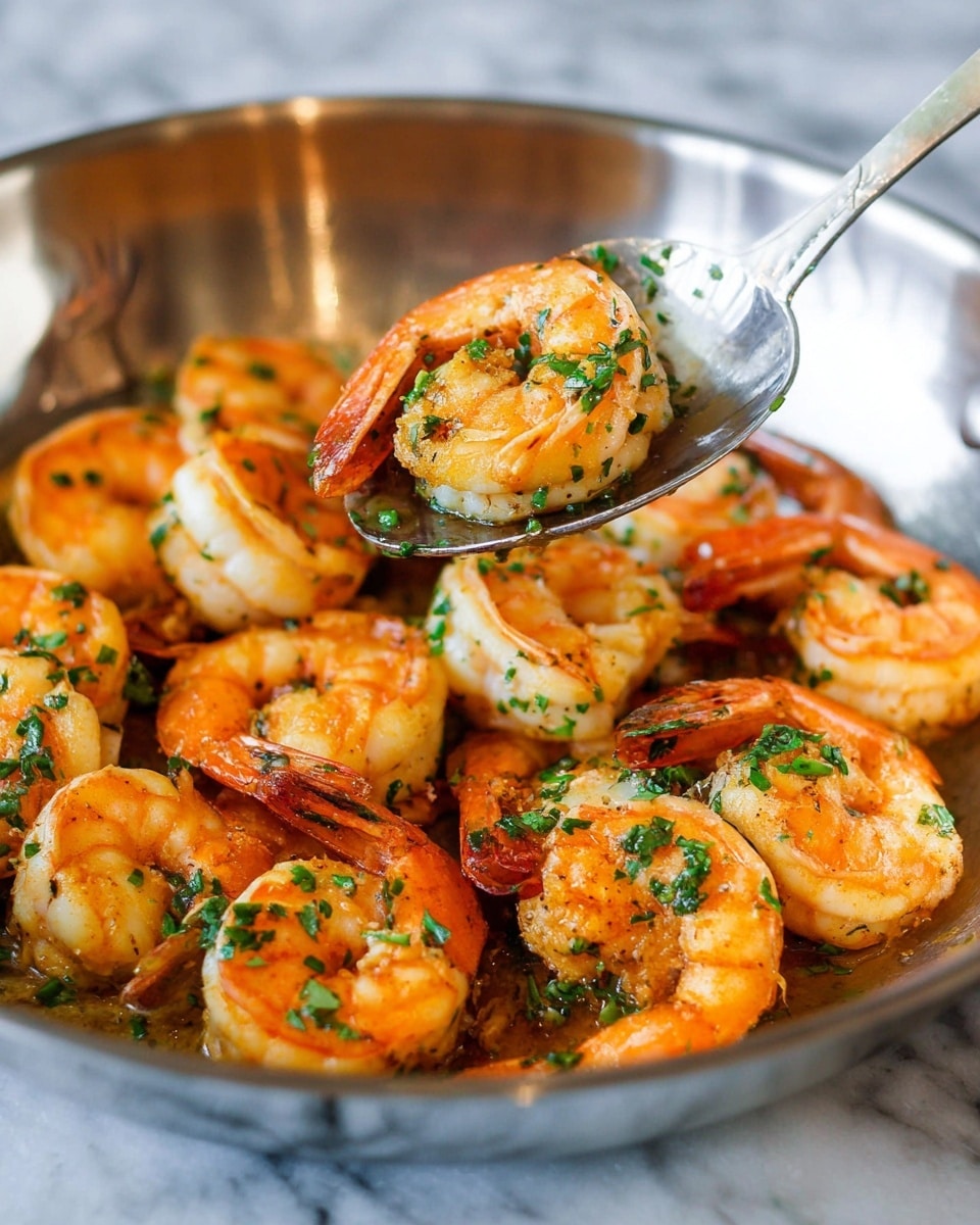 A close-up of a silver pan filled with cooked shrimp, each piece showing bright orange and white layers with a slight char. The shrimp are garnished with small pieces of green herbs scattered evenly over the top. A silver spoon lifts one shrimp, highlighting its curled shape and succulent texture. The background is a white marbled surface. photo taken with an iphone --ar 4:5 --v 7
