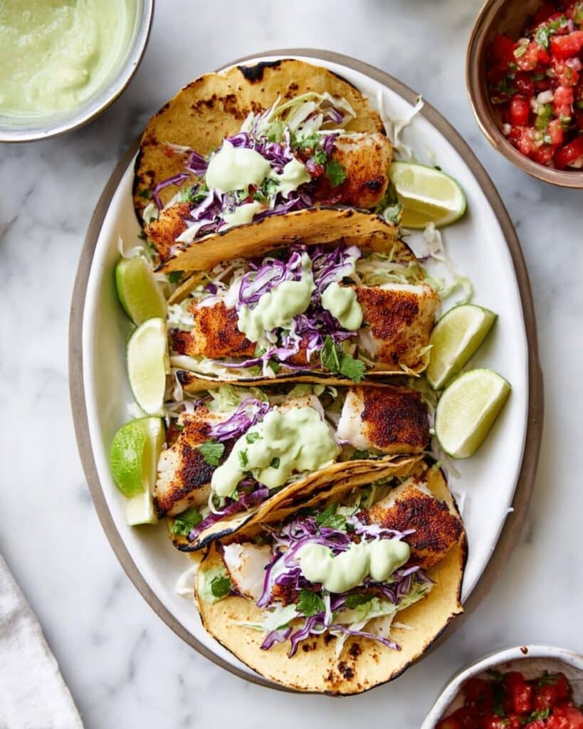 Blackened Fish Tacos with Avocado Cilantro Sauce and Cabbage Slaw Recipe