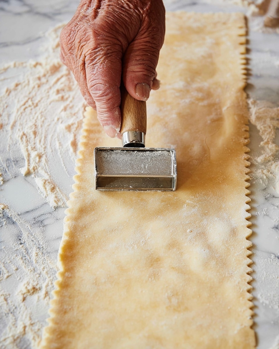 A close-up view of an elderly person's hand pressing a metal square cutter with a wooden handle onto a large, flat, pale yellow dough sheet dusted with flour. The dough is laid on a white marbled textured surface with scattered flour around. The dough's texture is smooth with visible flour patches, and the square cutter creates small, even, scalloped-edged shapes along the sheet. Photo taken with an iphone --ar 4:5 --v 7