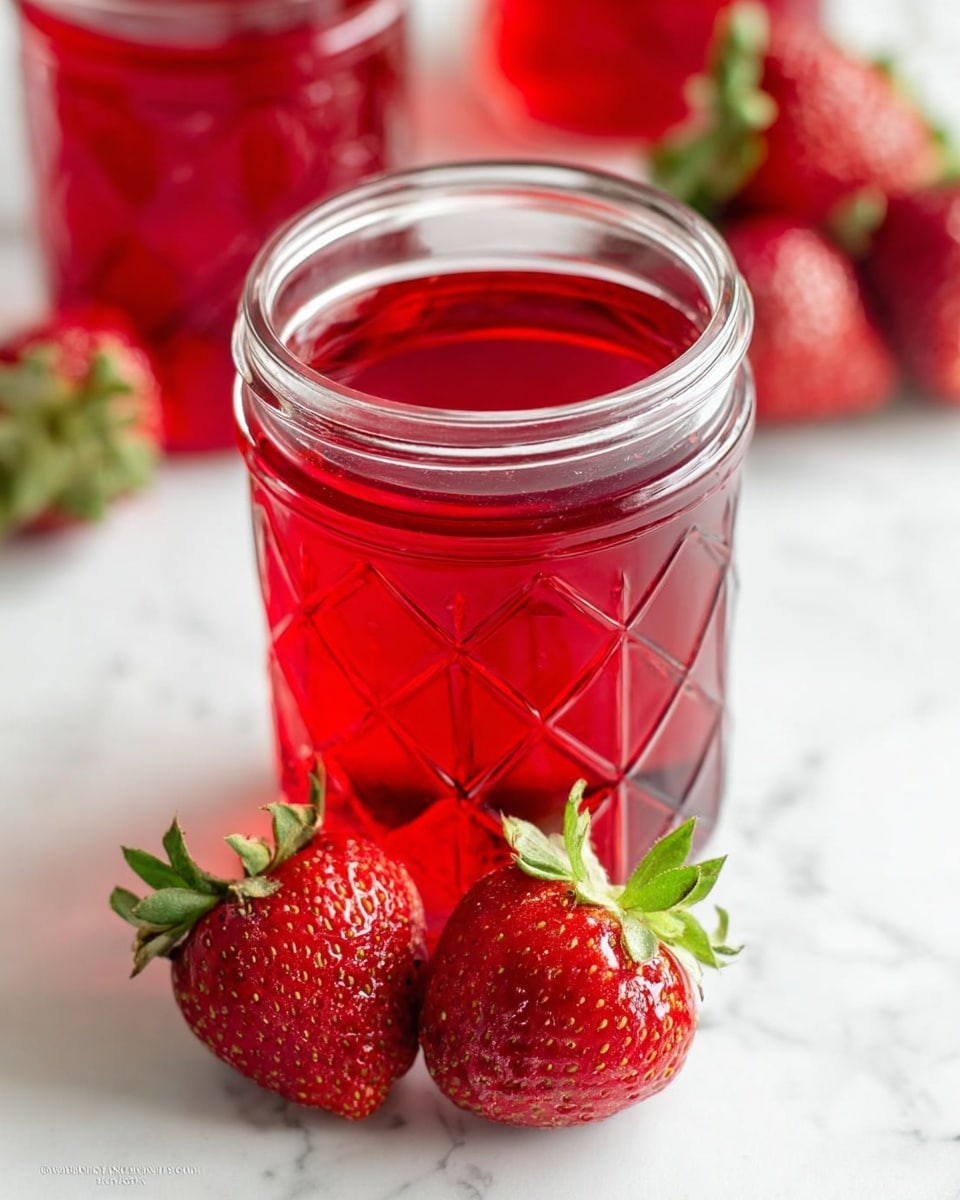 A top view of a clear glass jar filled with smooth red strawberry jelly, surrounded by several fresh red strawberries with green leaves on a white marbled surface; a white jar lid with a single strawberry on top is partially visible near the jar. Photo taken with an iphone --ar 4:5 --v 7