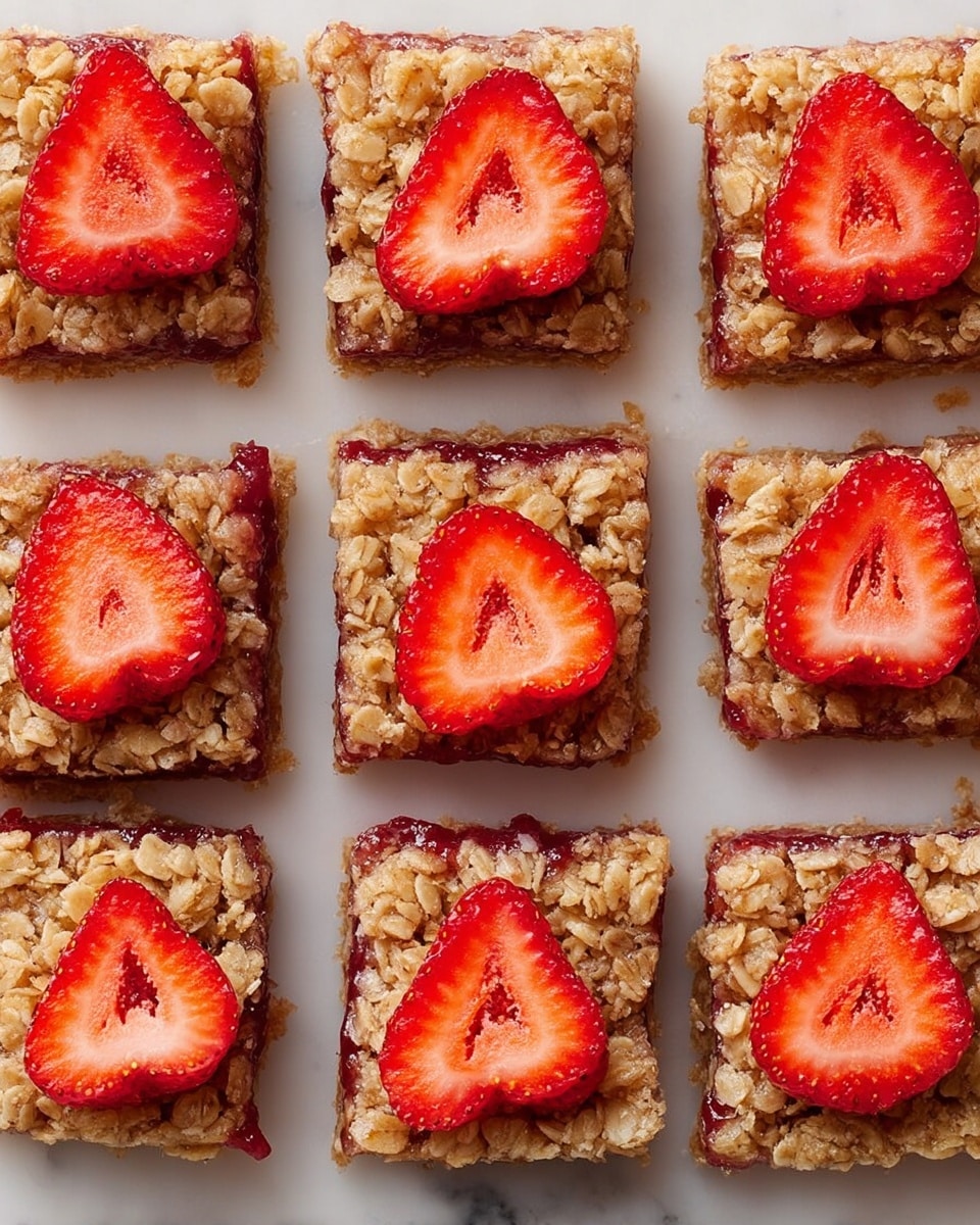 The image shows a metal baking pan with 12 square pieces of oat crumble bars, 11 still in the pan and one piece missing from the bottom right corner. The bars have two visible layers: a crumbly golden-brown oat topping that covers most of the surface with a rough texture, and beneath it, a red fruit filling visible in patches through the oat layer. The pan is placed on a white marbled surface, with fresh red strawberries partially visible on the right side. photo taken with an iphone --ar 4:5 --v 7