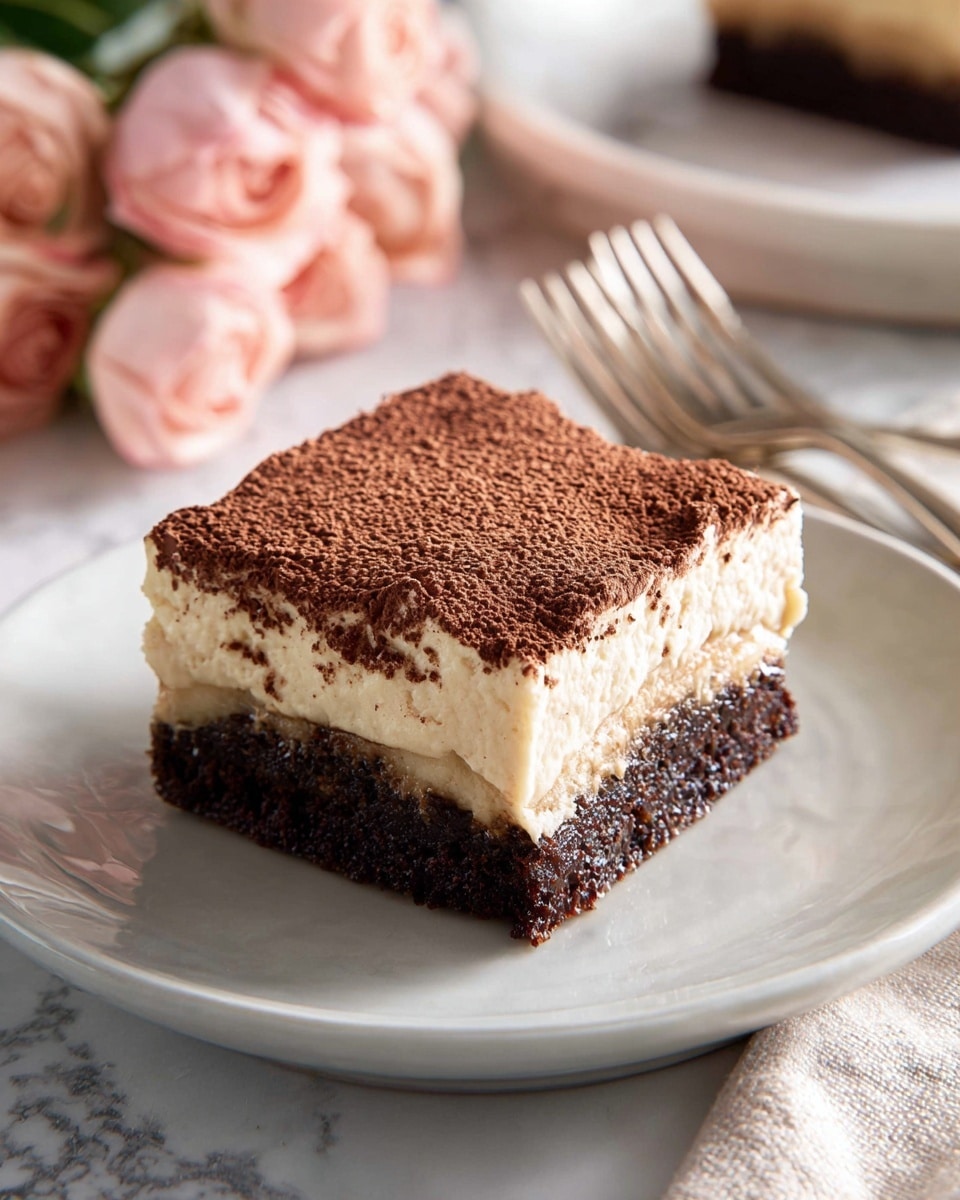 A square piece of dessert is shown on a white plate with a smooth surface. It has two layers: the bottom layer is dark brown, rich, and moist like a brownie, while the top layer is thick, creamy, and light beige with a dusting of fine cocoa powder creating a textured dark brown surface. In the blurred background, there are soft blush pink roses and metallic forks resting on a white marbled texture surface. photo taken with an iphone --ar 4:5 --v 7