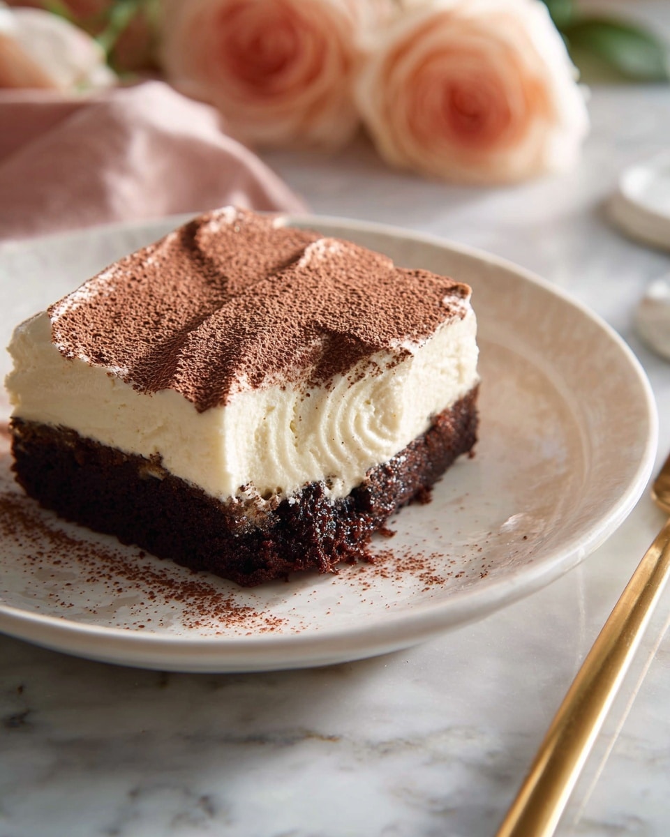 A square slice of chocolate dessert is shown on a white plate with a glossy finish, placed on a white marbled texture surface. The dessert has two layers: a thick, dark brown and rich-looking bottom cake layer, and a thick, creamy white top layer with smooth, wave-like patterns dusted lightly with cocoa powder. A small bite is taken from the corner, showing the soft and moist textures. The background includes soft peach-colored roses and a blurred gold fork. Photo taken with an iphone --ar 4:5 --v 7