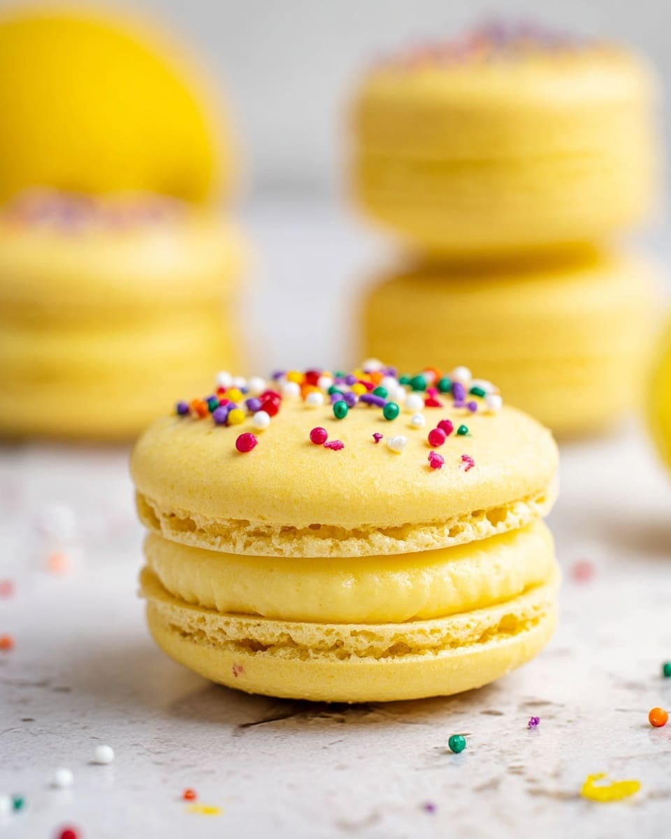 A close-up view of a lemon-yellow macaron with two smooth, slightly textured cookie layers enclosing a thick, creamy yellow filling. The top cookie layer is decorated with small, round, colorful sprinkles in red, green, white, purple, orange, and blue, scattered unevenly across the surface. The macaron rests on a white marbled texture surface, with blurred stacks of similar macarons and a lemon in the background, adding soft yellow hues to the scene. photo taken with an iphone --ar 4:5 --v 7